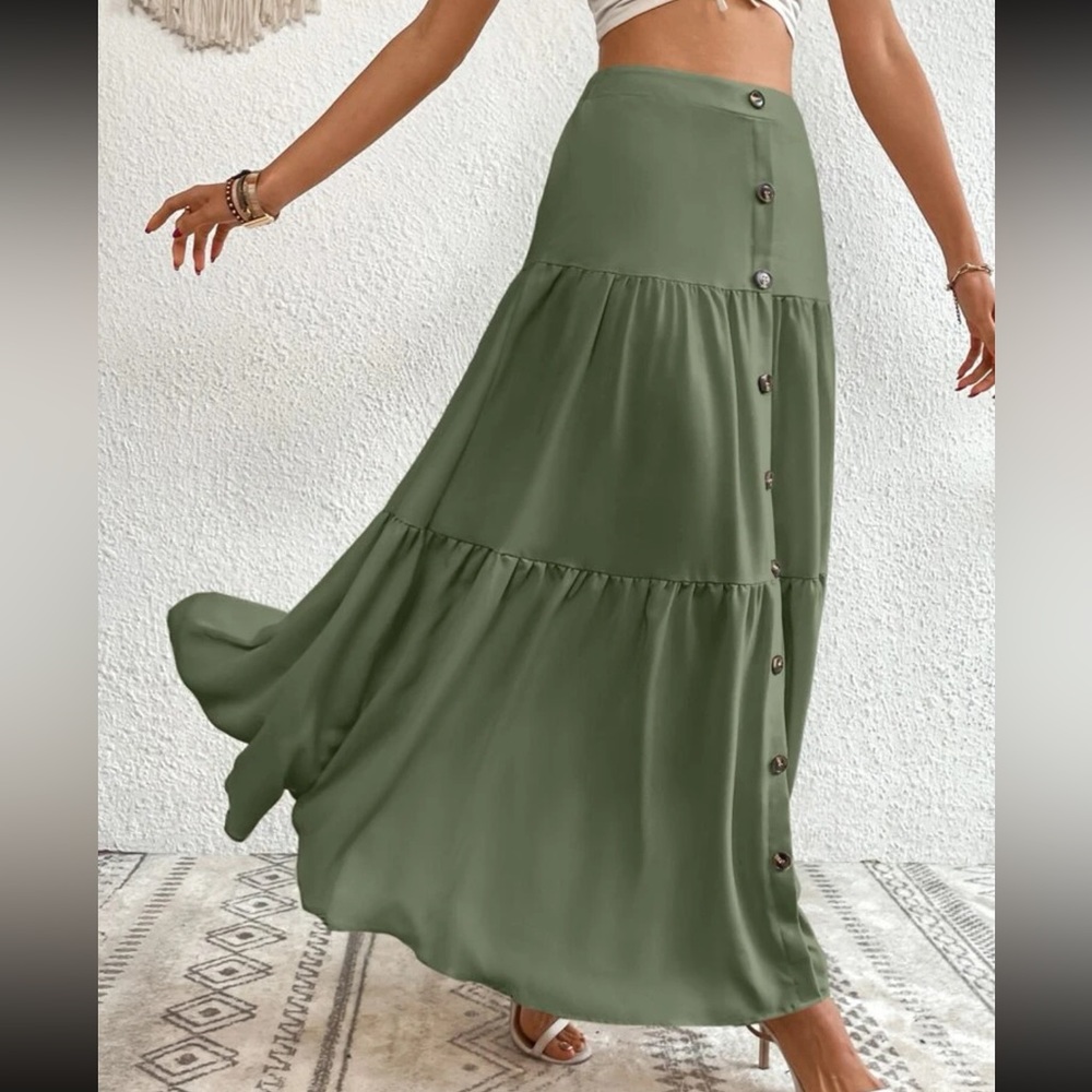 Boho dusty pink button detail ruffle hem maxi skirt - Picture 14 of 16